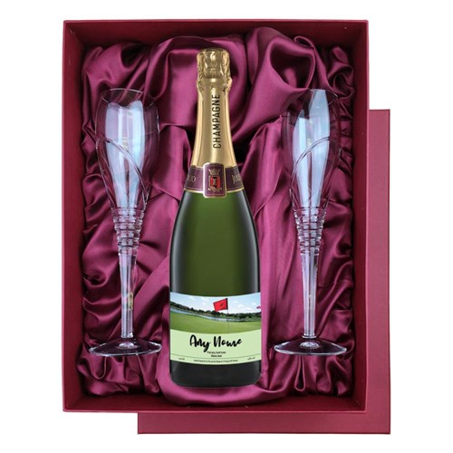 Personalised Champagne - Golf Label in Red Luxury Presentation Set With Flutes
